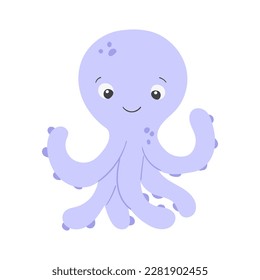 Vector cute cartoon purple octopus in flat style. Isolated illustration of sea animal character
