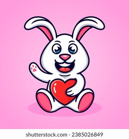 Vector cute cartoon rabbit holding a heart.