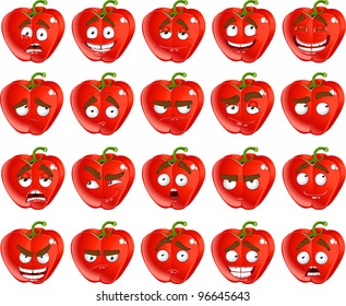 Vector cute cartoon red Bulgarian pepper smile with many expressions