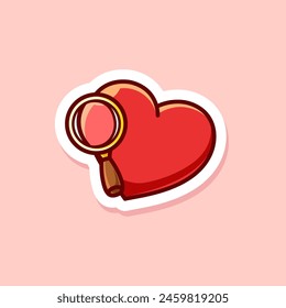 vector cute cartoon of red heart with magnifying glass isolated