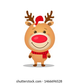 Vector cute cartoon  reindeer.Christmas character.Reindeer with Santa hat