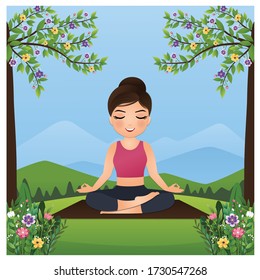 Vector cute cartoon relaxing  young girl practices yoga and meditates in the lotus position outdoor in beautiful nature and flowers. Landscape background 