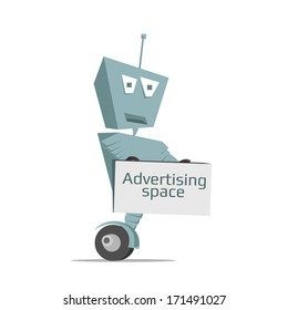 vector cute cartoon robot, good robot transformer, cyborg with a sign advertising