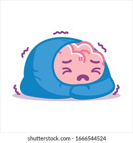 Vector Cute Cartoon Sad Brain with a Blue Bush Isolated