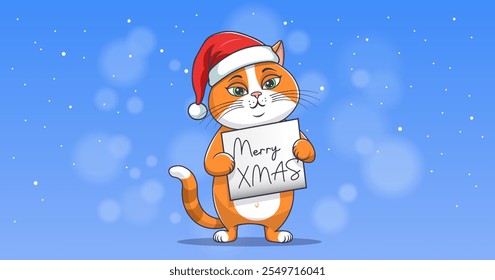 Vector cute cartoon sad ginger kind cat with poster. Cuddly affectionate friendly pet. Good cat in Santa Claus hat. Merry Christmas and Happy New Year. Winter landscape.