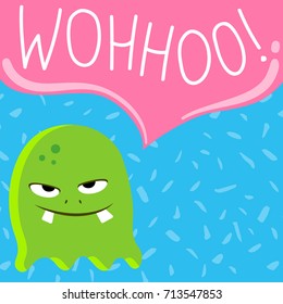 Vector cute cartoon screaming monster with speech bubble on confetti background. Funny monster speak illustration