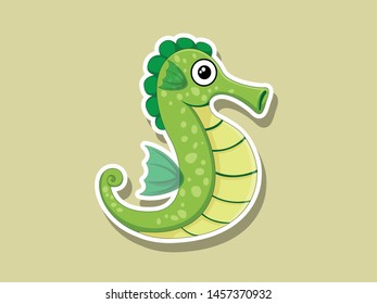 Vector Cute Cartoon Seahorse Sticker on color background. Vector Illustration With Cartoon Style Funny Sea Animal