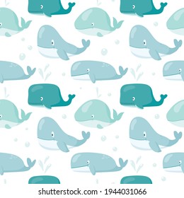 Vector cute cartoon seamless pattern. Funny childish isolated images of whales of different shapes and sizes. Doodle pictures of underwater fauna for background decoration and wrapping paper.