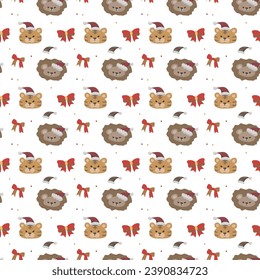 Vector cute cartoon seamless vector pattern with christmas animal lion and tiger and ribbon