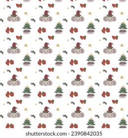 Vector cute cartoon seamless vector pattern with christmas animal monkey and otter and ribbon