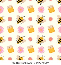 Vector lindo patrón sin fisuras de dibujos animados con abeja, tarro de miel y flores. Fondo de abejas divertidas. Ilustración plana de Vector.