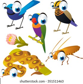 vector cute cartoon set of comic animals: birds, parrot, boa, cockroach. useful for kids mobile apps, flash card games, invitations, wall decor and other
