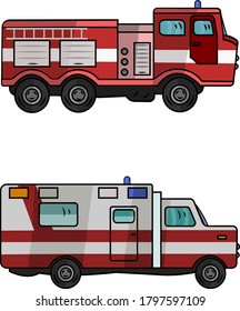 Un juego de dibujos animados tipo vector de los vehículos de rescate. Objetos aislados sobre fondo blanco.
