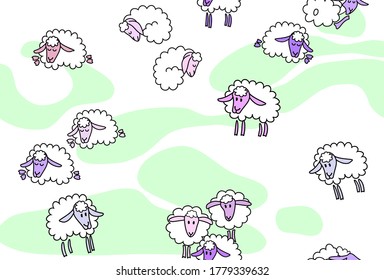 Vector cute cartoon sheep seamless pattern background