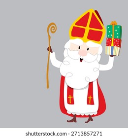 Vector una linda caricatura de Sinterklaas sosteniendo una pila de cajas de regalo y una varita. Dibujos animados de Vector de color plano.