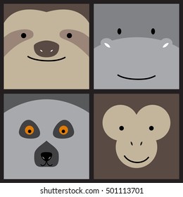 Vector cute cartoon sloth, hippopotamus, monkey and lemur