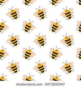 Vector cute cartoon smiling bee seamless pattern. Funny bumblebees background. Vector flat illustration.