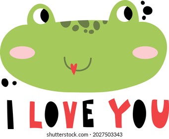 Vector cute cartoon smiling frog illustration with I love you romantic lettering. Ideal for apparel, stationery print template