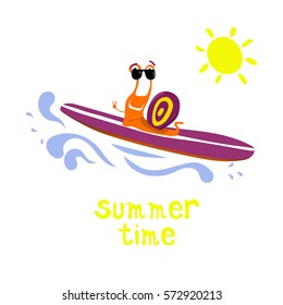 Vector cute cartoon snail on surfing board. Summer time illustration.