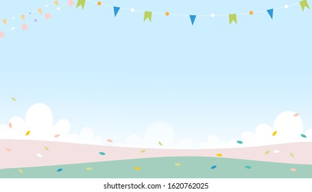 Vector cute cartoon spring background with copysace on green field with leaves falling in pastel colour, Minimal background for Spring or Summer time banner and greeting Card 