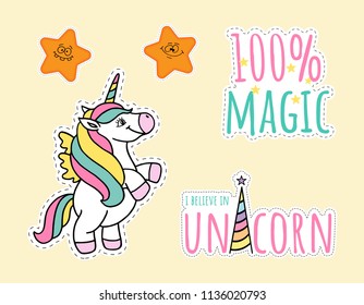 Vector cute cartoon stickers. I believe in unicorn. 100% magic. Cartoon stars