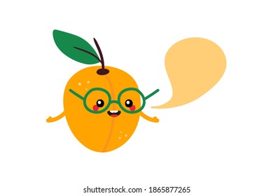 Vector cute cartoon style apricot fruit character with speech bubble, talking, giving advice or information.