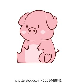 Vector of cute cartoon style fat piglet sitting isolated on white background 