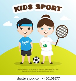 Vector cute cartoon style kids sports illustration. Children sport school poster