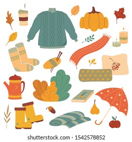 Vector cute cartoon style set of Autumn elements and symbols: coffee, leaves, socks, umbrella, sweater, rubber boots and others. Autumn mood collection. 