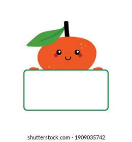 Vektor cute Cartoon Stil Tangerine, Clementine, Mandarin-Orange-Charakter mit Leerzeichen, leere Karte, Banner in Händen.

