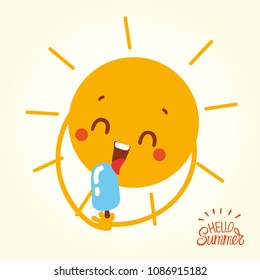 Vector cute cartoon sun character design eating ice cream. Holding sweet frozen food. Summer image for kids apparel, poster, postcard or sticker