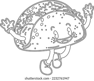eine Vektorgrafik einer süßen Cartoon-Taco auf schwarz-weißem Farbing