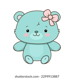 Vector Cute Cartoon Teddy Bear girl with pink Bow icon. Vector Turquoise bear sitting on the floor icon