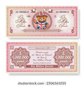 Vector cute cartoon teddy bear salutes, wearing shirt and hat with UK flag. Banknote or bond denomination of one million pounds. Obverse and reverse of 1000000 note. England fictional money. GB pound.