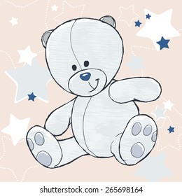 vector cute cartoon toy teddy bear illustration with stars and dots
