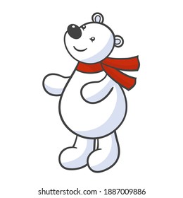 Vector cute cartoon toy white polar bear in red scarf