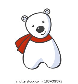 Vector cute cartoon toy white polar bear in red scarf
