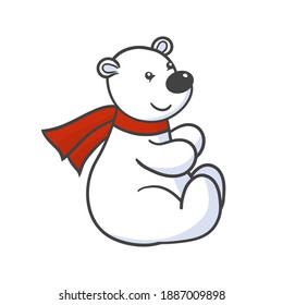 Vector cute cartoon toy white polar bear in red scarf