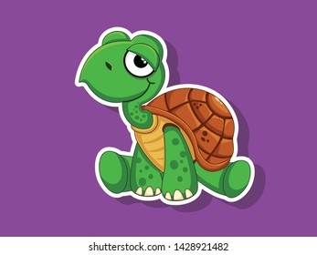 Vector Cute Cartoon Turtle Sticker on color background. Vector Illustration With Cartoon Style Funny Sea Animal