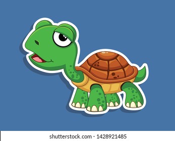 Vector Cute Cartoon Turtle Sticker on color background. Vector Illustration With Cartoon Style Funny Sea Animal