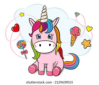 Vector Cute Cartoon Unicorns Ice Cream Heart Candy Cloud Stars