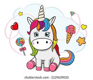 Vector Cute Cartoon Unicorns Ice Cream Heart Candy Cloud Stars