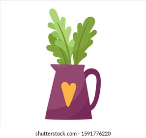 vector cute cartoon vase with green leafs. element of interior design