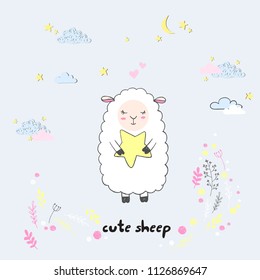 Vector cute cartoon walking sleeping sheep with clouds,stars, heart, hand drawn imitation, drawn with a tablet, fairytale, isolated