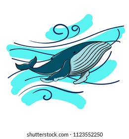 Vector cute cartoon whale on white background. Whale vector illustration. Greeting card.