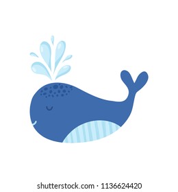 Vector cute cartoon whale on white background. Whale vector illustration.