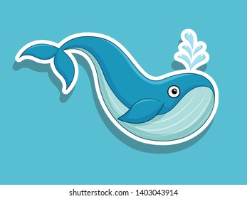 Vector Cute Cartoon Whale Sticker on color background. Vector Illustration With Cartoon Style Funny Sea Animal