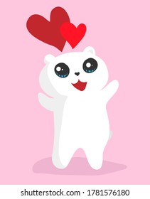 Vector cute cartoon white bear with big eyes and hearts is happy and raises its paws up