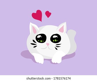 Vector cute cartoon white cat with big eyes and hearts