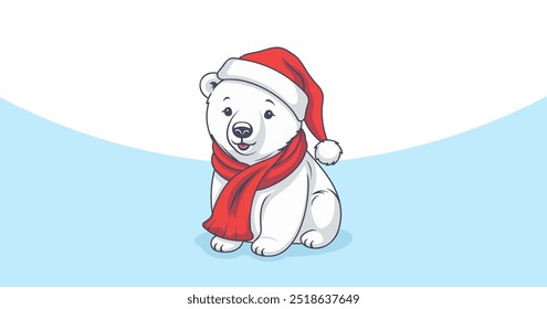 Vector cute cartoon white polar bear baby sitting in red Santa hat and scarf. Wildlife of north pole. Toon festive cuddly animal. Merry Christmas and Happy New year.